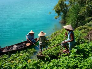 Moradores felizes em trilhas ecológicas na Lagoa de Araruama, enfatizando ecoturismo e conscientização ambiental.