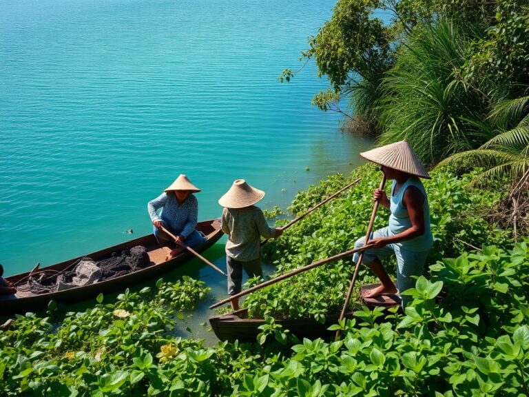 Moradores felizes em trilhas ecológicas na Lagoa de Araruama, enfatizando ecoturismo e conscientização ambiental.