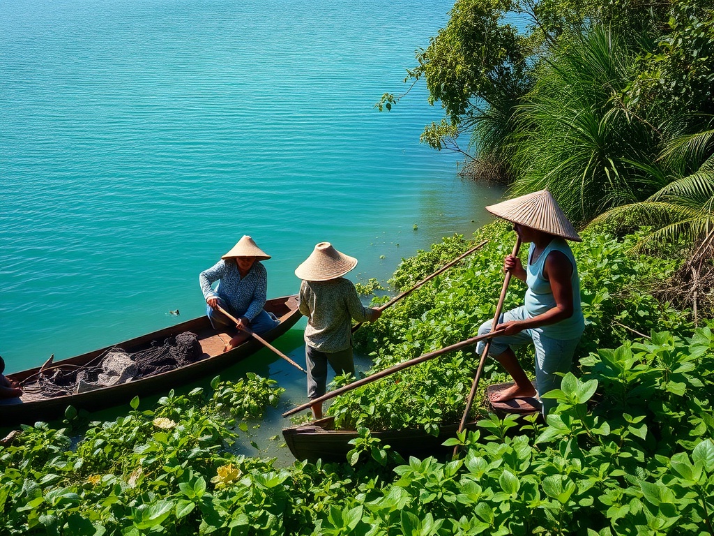 Moradores felizes em trilhas ecológicas na Lagoa de Araruama, enfatizando ecoturismo e conscientização ambiental.