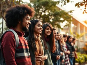 Estudantes de diversas etnias felizes em frente à escola em São Pedro da Aldeia, representando a educação na comunidade.