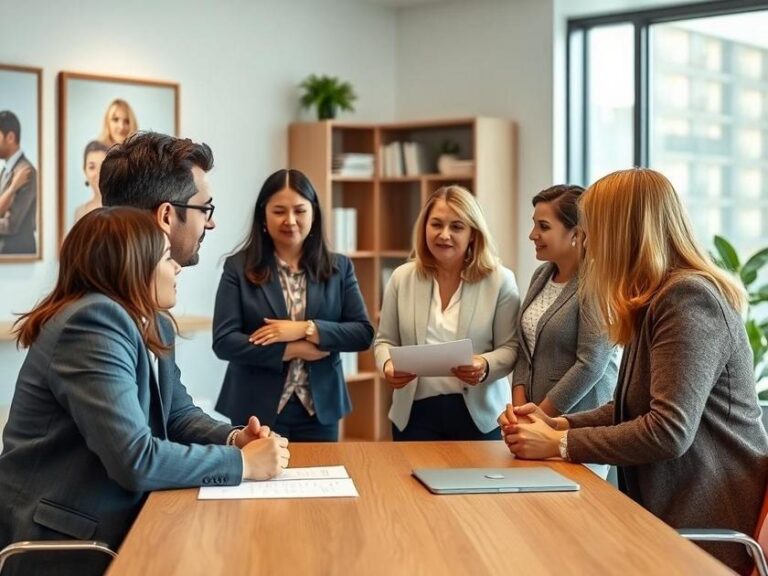 Família diversificada reunida com advogado em escritório moderno discutindo compra de imóvel com assessoria profissional.