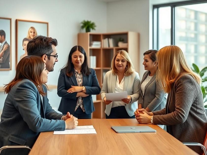 Família diversificada reunida com advogado em escritório moderno discutindo compra de imóvel com assessoria profissional.