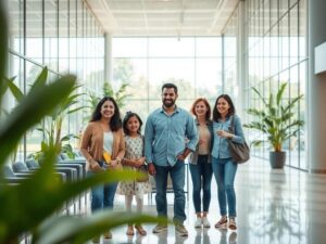 Família pesquisando imóveis em sala de espera moderna, destacando a localização em São Pedro da Aldeia, RJ.