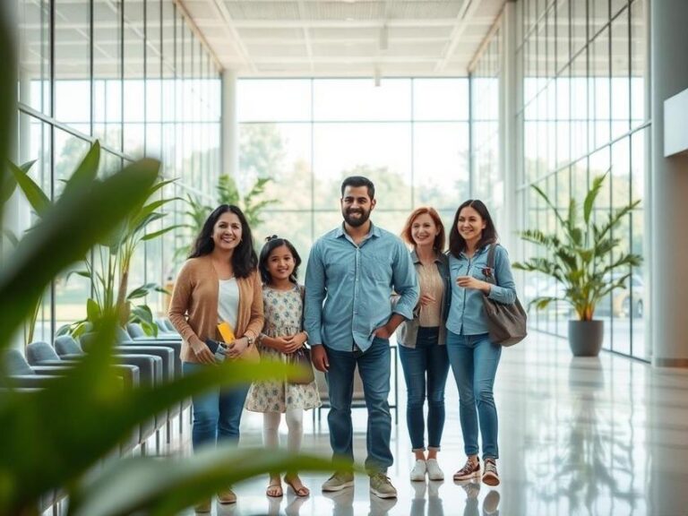 Família pesquisando imóveis em sala de espera moderna, destacando a localização em São Pedro da Aldeia, RJ.