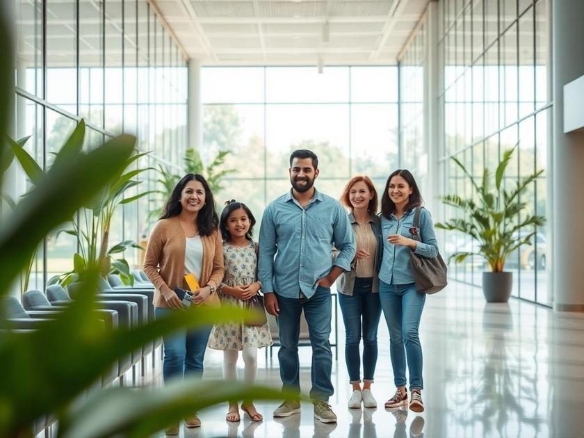 Família pesquisando imóveis em sala de espera moderna, destacando a localização em São Pedro da Aldeia, RJ.