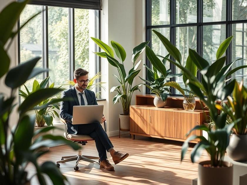 Corretor de imóveis atendendo cliente em escritório moderno e iluminado, refletindo profissionalismo e confiança.