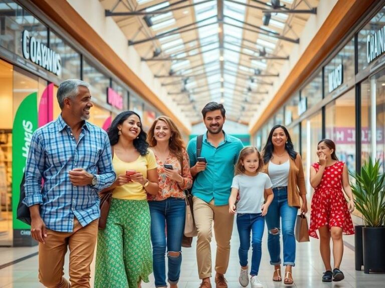 Famílias diversificadas aproveitando compras e entretenimento no Shopping Park Lagos: Compras e Entretenimento Perto de Casa