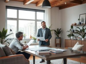 Proprietário discutindo aluguel temporário com consultor em escritório moderno, destacando oportunidades.