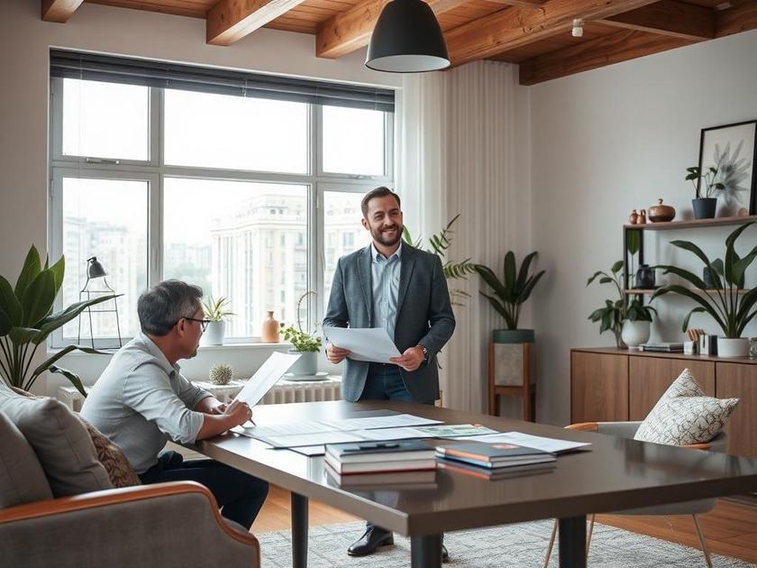 Proprietário discutindo aluguel temporário com consultor em escritório moderno, destacando oportunidades.