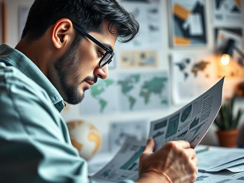 Comprador de imóvel pensativo analisando gráficos em escritório moderno, artigo sobre Análise de Custo-Benefício: Diferenciais vs. Preço.