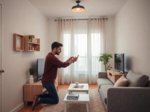 Jovem casal montando móveis multifuncionais em apartamento pequeno, dicas para otimização de espaço em apartamentos de 49m²