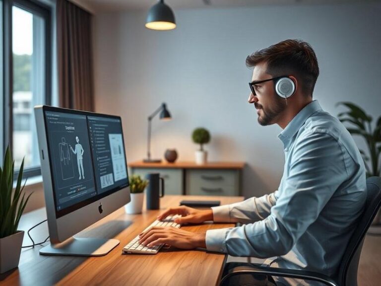 Futuro morador visualizando proposta de compra de imóvel no computador, mostrando a área do cliente e proporcionando segurança e alívio.