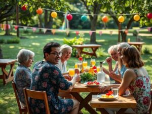Moradores de diversas idades participando de um piquenique comunitário em área verde, ressaltando como aproveitar áreas comuns.