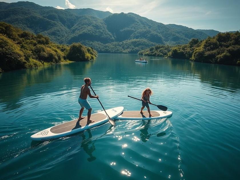 Familia se divertindo em stand-up paddle na Lagoa de Araruama, refletindo atividades ao ar livre e lazer.