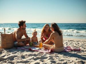 Família fazendo piquenique na praia em São Pedro da Aldeia, refletindo Atividades Familiares: Ideias para Fins de Semana no Brisas.