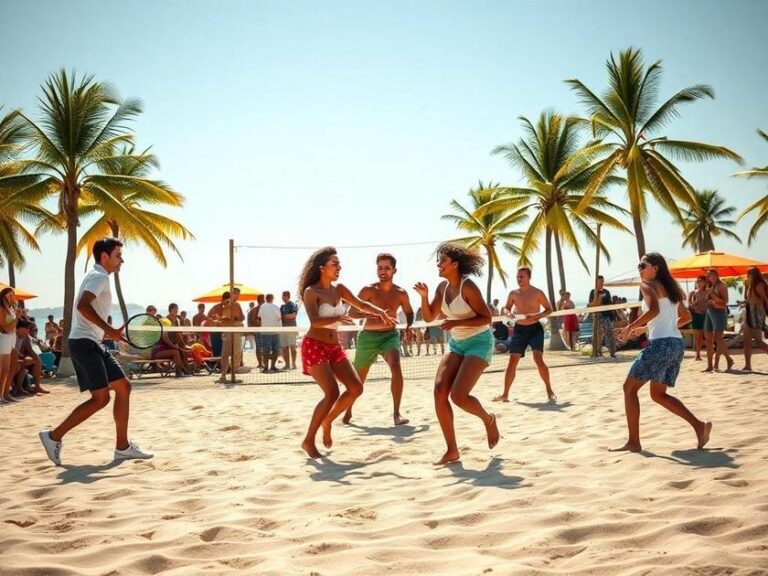 Grupo diversificado jogando beach tennis em uma quadra de areia, simbolizando a popularidade e socialização do esporte.