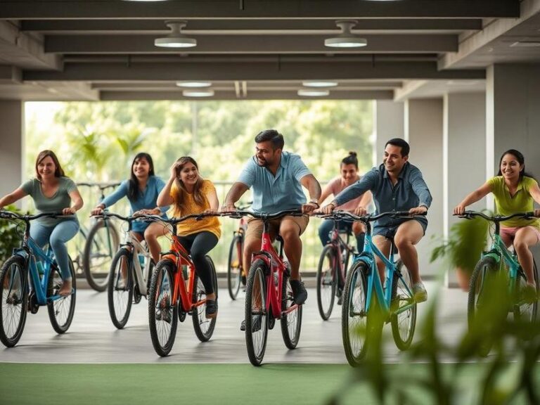 Família diversa em bicicletário, promovendo estilo de vida saudável no residencial.