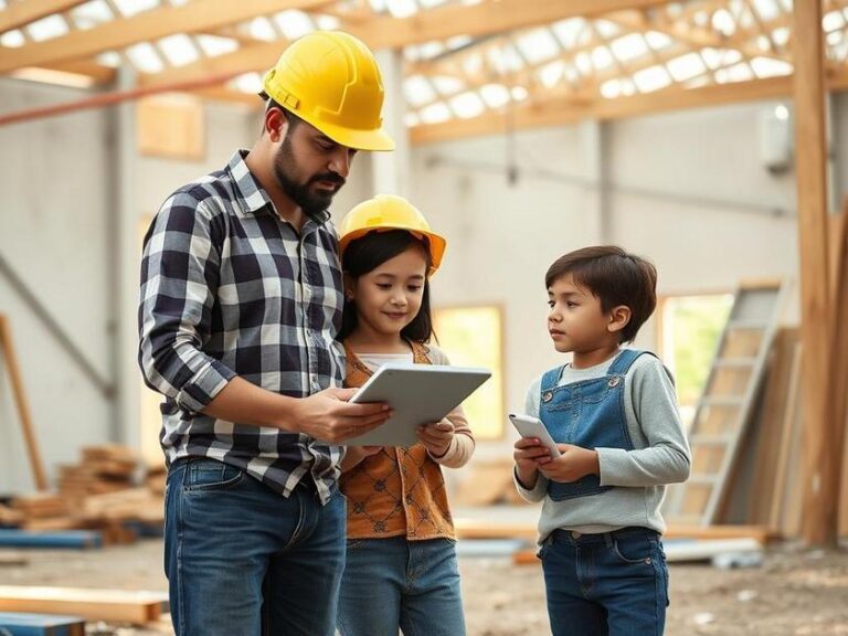 Família escolhendo blocos e pavimentos para construção no Brisas da Lagoa com orientação de profissionais.