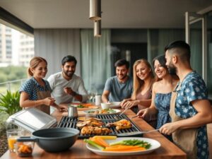 Família diversificada cozinhando e se divertindo em uma área de churrasqueira em condomínio, dicas para churrascos no Brisas.