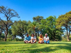 Família desfrutando do clima da Região dos Lagos: Por Que é Perfeito para Morar no Brisas em parque verde.