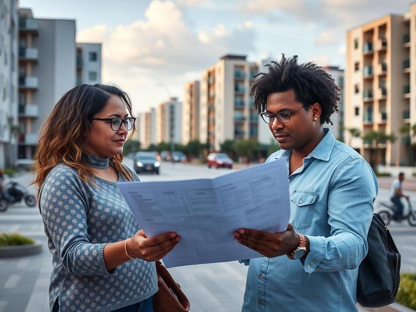 Casal de diversas etnias consultando plano de imóvel com corretor em praça nova em São Pedro da Aldeia.
