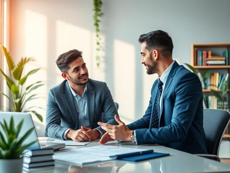 Casal jovem consultando advogado em um escritório imobiliário, transmitindo segurança na compra de imóvel em São Pedro da Aldeia/RJ.