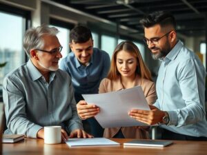 Família diversificada avaliando documentos em escritório moderno para compra de imóvel em São Pedro da Aldeia.
