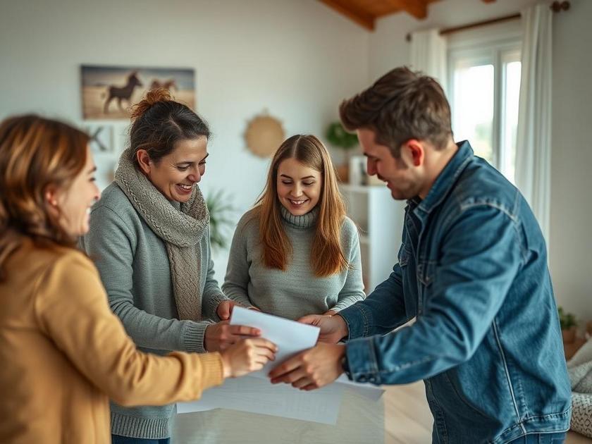 Família diversificada visitando uma moderna propriedade em São Pedro da Aldeia durante análise de compra.
