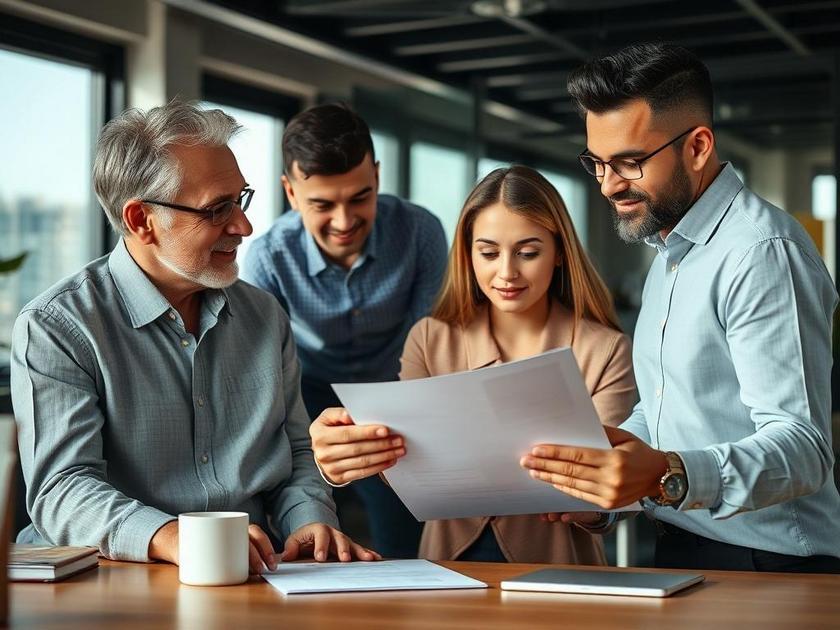 Família diversificada avaliando documentos em escritório moderno para compra de imóvel em São Pedro da Aldeia.