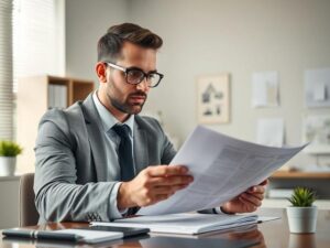 Candidato a comprador analisando contrato de compra de imóvel em escritório moderno com documentos.