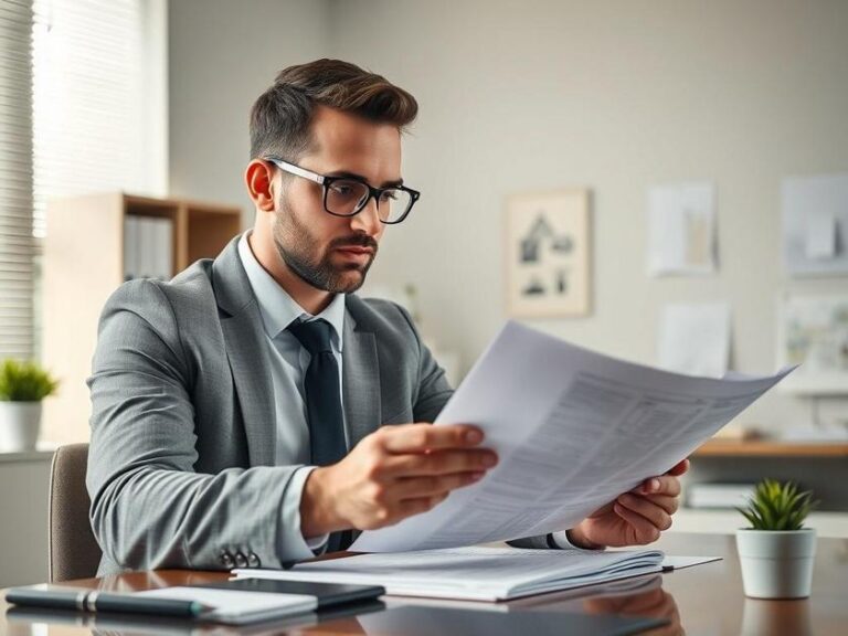 Candidato a comprador analisando contrato de compra de imóvel em escritório moderno com documentos.