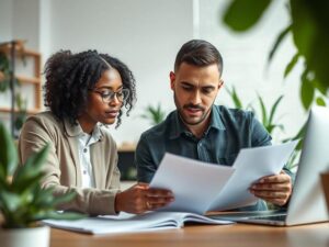 Casal jovem, de diferentes etnias, examinando documentos com corretor em ambiente de escritório claro e acolhedor.