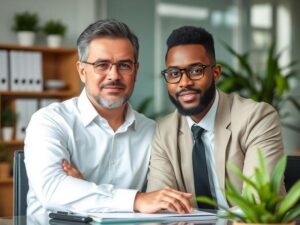 Casal diversificado consultando advogado sobre compra de imóvel em escritório moderno