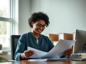 Dona de casa multicultural analisando documentos com corretor em um escritório de corretagem moderno em São Pedro da Aldeia.