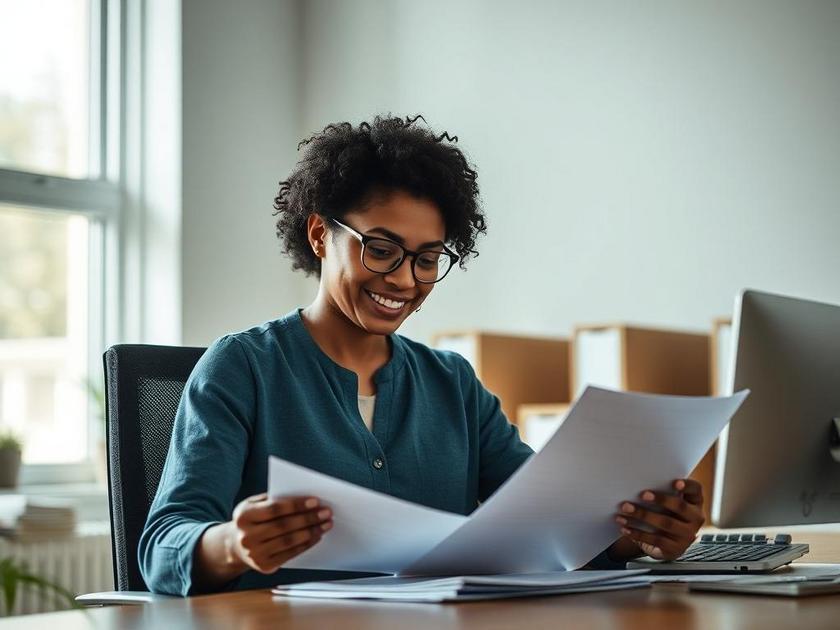 Dona de casa multicultural analisando documentos com corretor em um escritório de corretagem moderno em São Pedro da Aldeia.