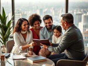 Família multicultural feliz em escritório elegante discutindo propostas de imóveis em São Pedro da Aldeia.