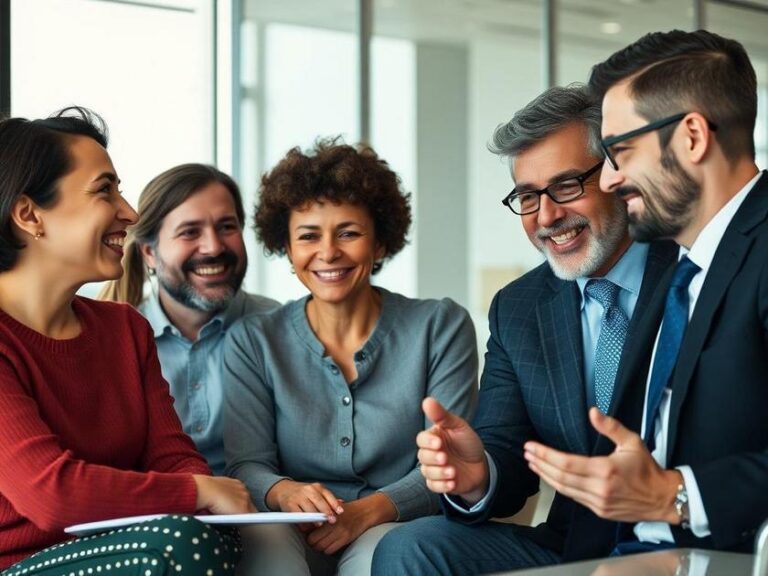 Família diversificada se reunindo com advogado em escritório moderno para discutir a compra de imóvel em São Pedro da Aldeia.