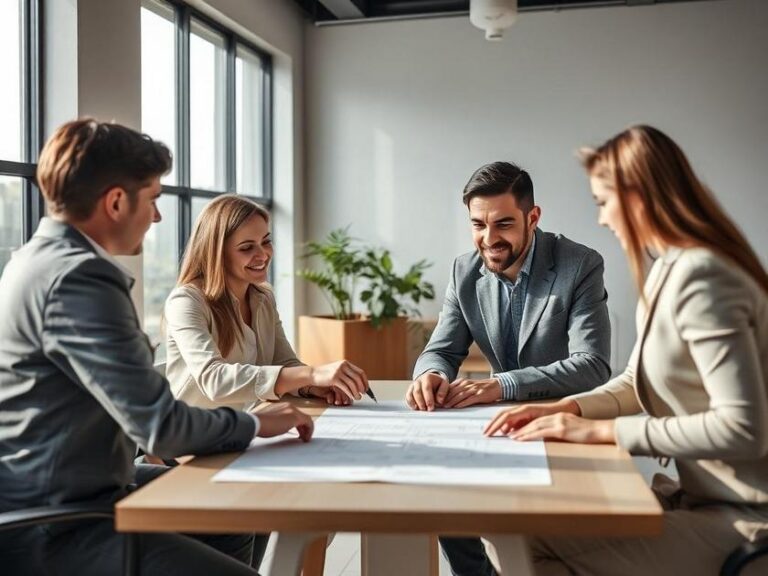 Casal diversificado analisando contrato em escritório imobiliário, refletindo confiança e alívio na compra de imóvel.