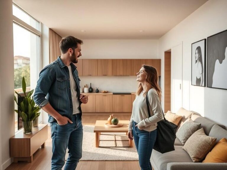 Casal jovem visitando imóvel em São Pedro da Aldeia, trazendo curiosidade e entusiasmo em ambiente moderno.