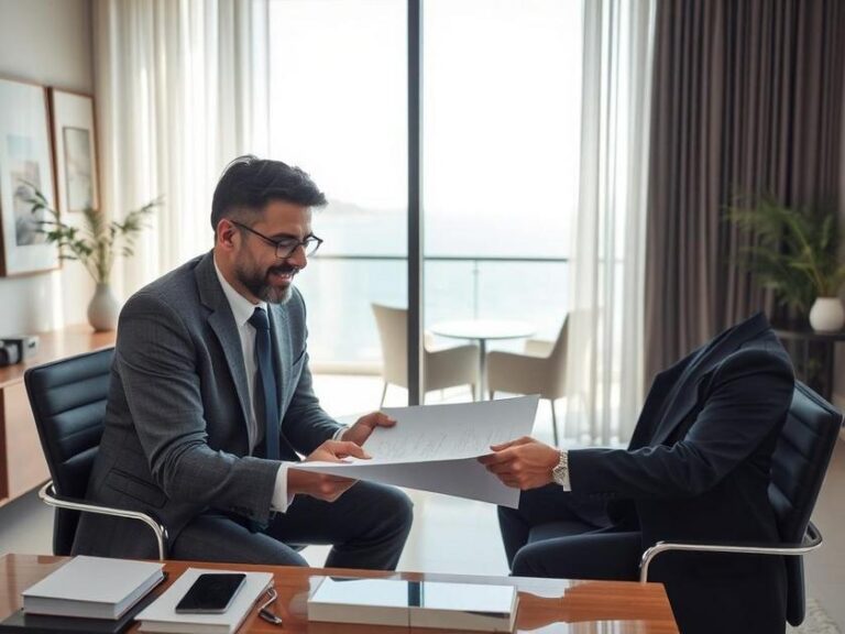 Comprador e advogado analisando contrato de imóvel em escritório moderno com vista para o mar.