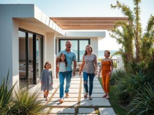 Família diversa explorando opções de imóveis em São Pedro da Aldeia, demonstração de entusiasmo em área externa.