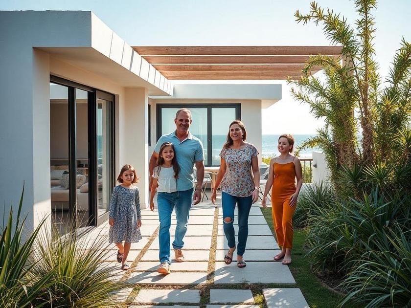 Família diversa explorando opções de imóveis em São Pedro da Aldeia, demonstração de entusiasmo em área externa.