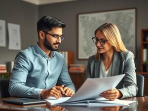 Casal jovem diversificado consultando advogado em escritório sobre compra de imóvel em São Pedro da Aldeia.