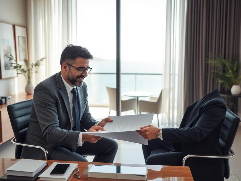 Comprador e advogado analisando contrato de imóvel em escritório moderno com vista para o mar.