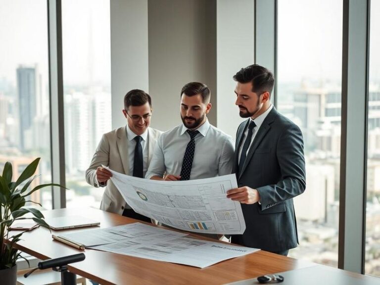 Trio de investidores diversificados analisando planta de imóvel em escritório moderno e luminoso.