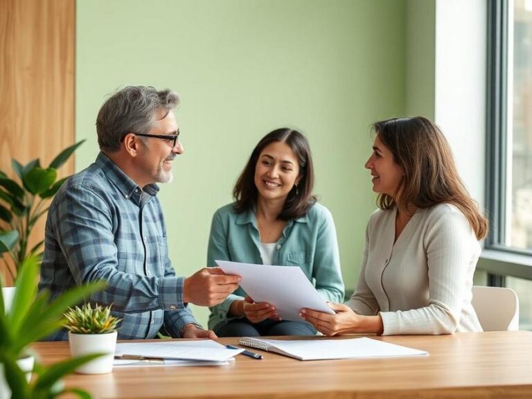 Família diversificada discutindo sobre a compra de um imóvel com corretor em um escritório acolhedor.