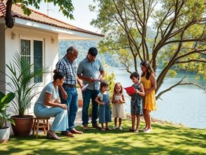 Família diversificada visitando imóvel à venda com vista para o lago em um dia ensolarado.