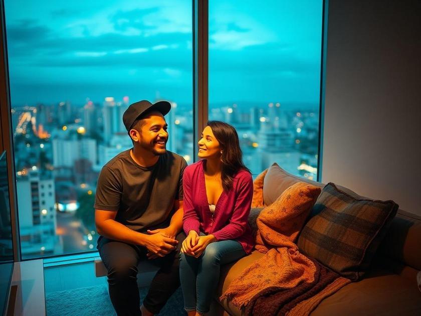 Jovem casal diverso visitando apartamento moderno com vista da cidade, repleto de alegria e esperança em sua compra de imóvel.