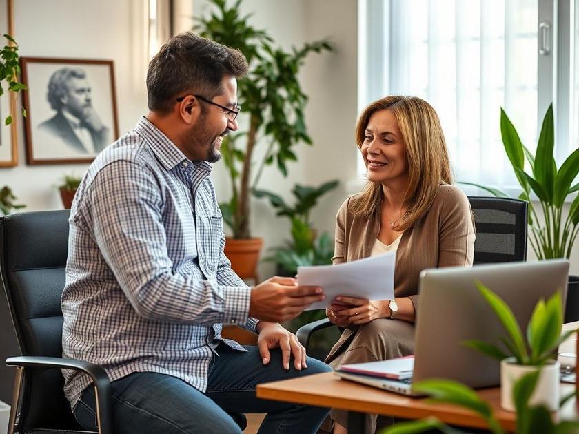 Casal diverso consultando corretor sobre imóveis em escritório de corretagem em São Pedro da Aldeia.