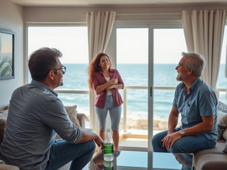 Casal diversificado visitando imóvel à beira da praia com corretor, expressando emoção e expectativa na compra do imóvel.
